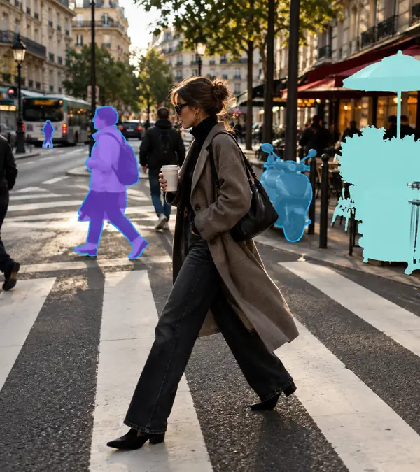 City street photograph showing highlighted people and objects selected for cleanup