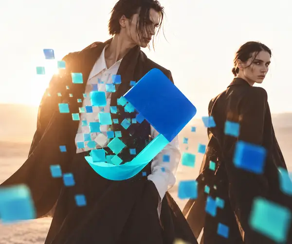Fashion portrait of two people with a distracting graphic across the picture