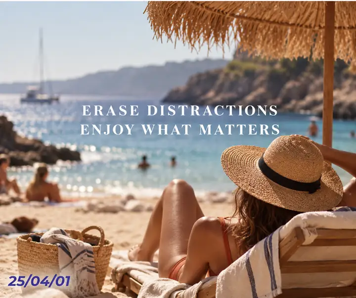 Relaxed beach photograph with overlaid lettering and a date stamp