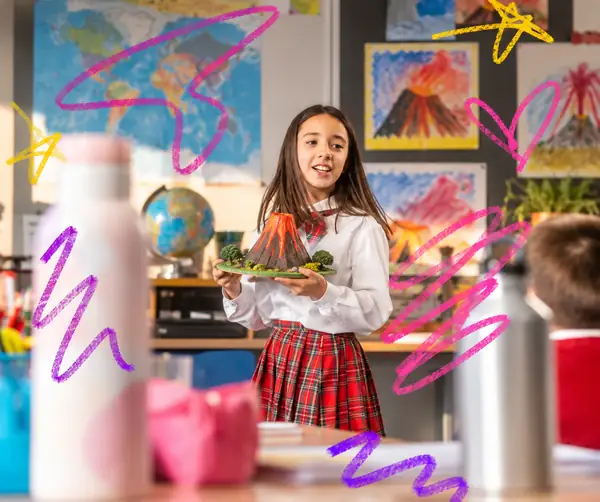 Student standing in a classroom scene with distracting marks over the image
