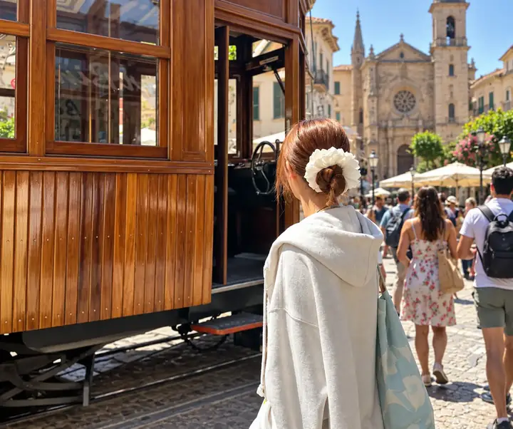 Traveler beside a wooden streetcar on a sunny city street