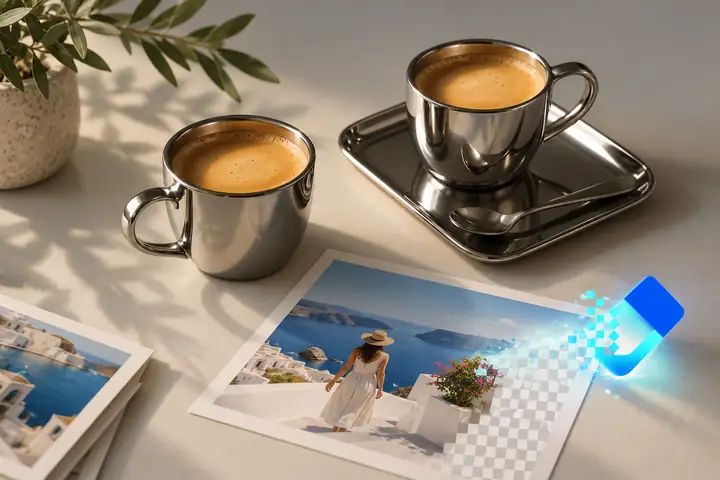 Two espresso cups photographed on a clean tabletop with a visible graphic mark