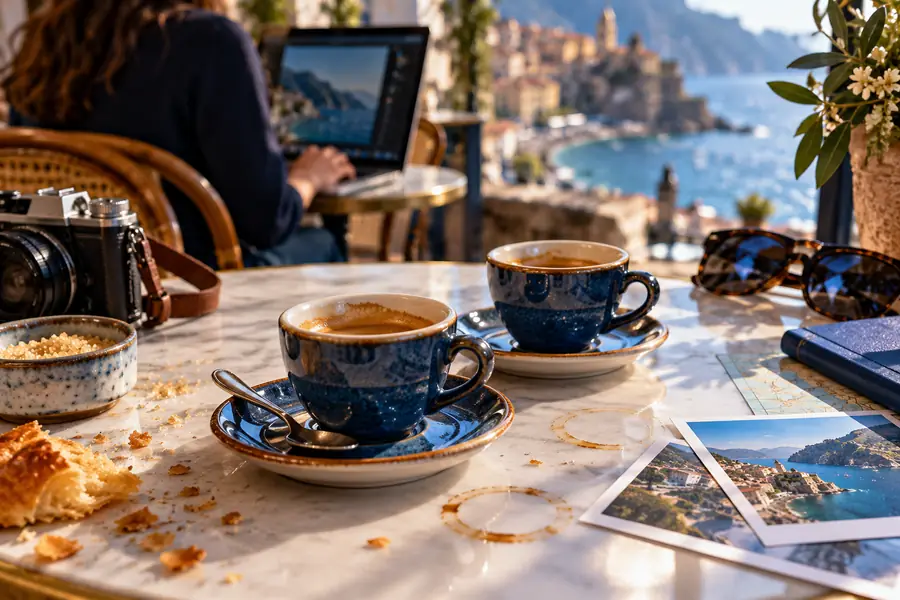 Two espresso cups photographed on a tabletop before cleanup