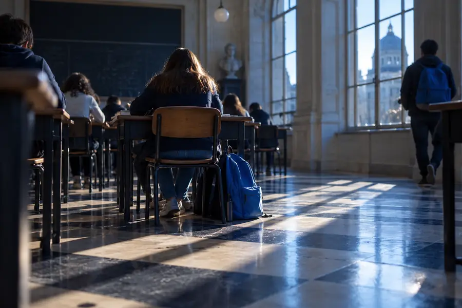 Classroom scene with a student and a distracting background detail