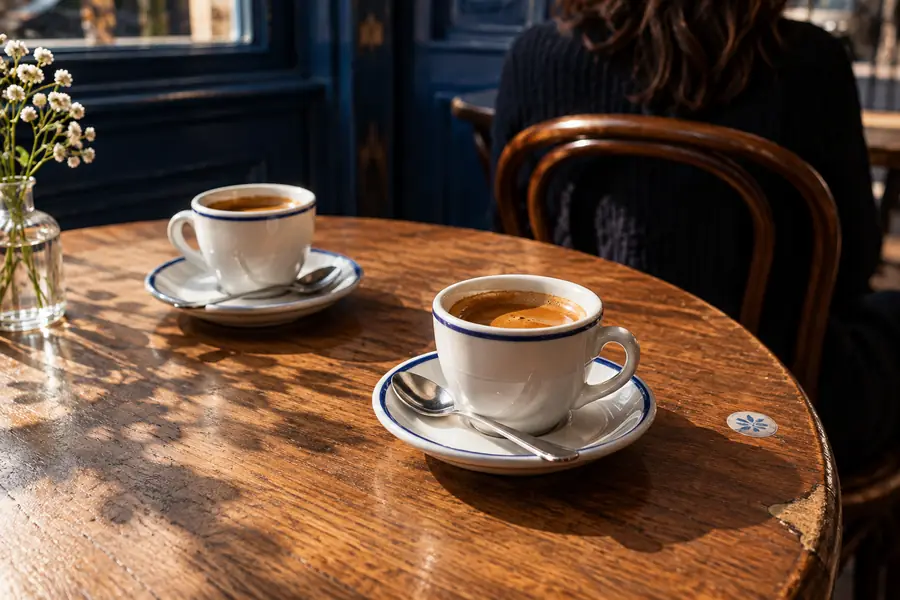 Espresso cups photographed on a tabletop before the background is cleaned up